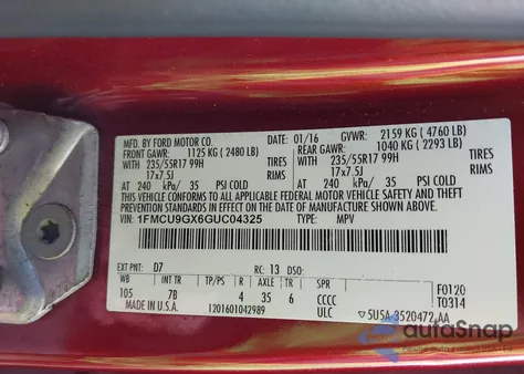 2016 Ford Escape Se из США, поврежденный, VIN 1FMCU9GX6GUC04325